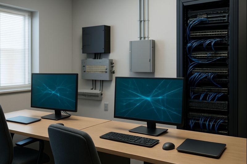 Well-maintained IT workspace with organized desks, network equipment, and monitoring displays showing abstract visuals.