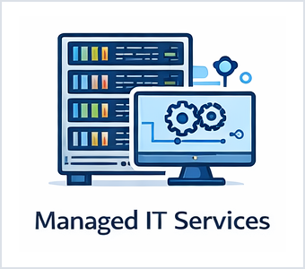 Managed IT services icon showing server infrastructure and a computer monitor with settings