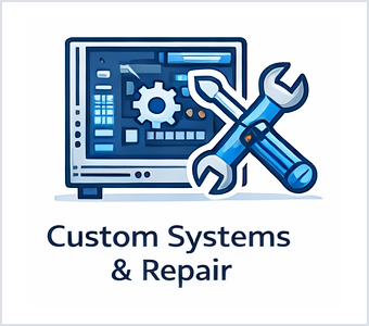 Custom systems and repair icon showing a computer with tools for repair and hardware service