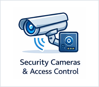 Security cameras and access control icon showing surveillance camera and access device