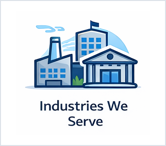 Industries we serve icon showing business, industrial, and institutional buildings