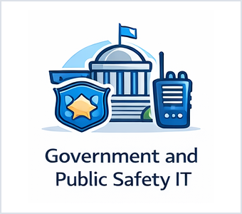 Government and public safety IT icon showing a government building, badge, and radio