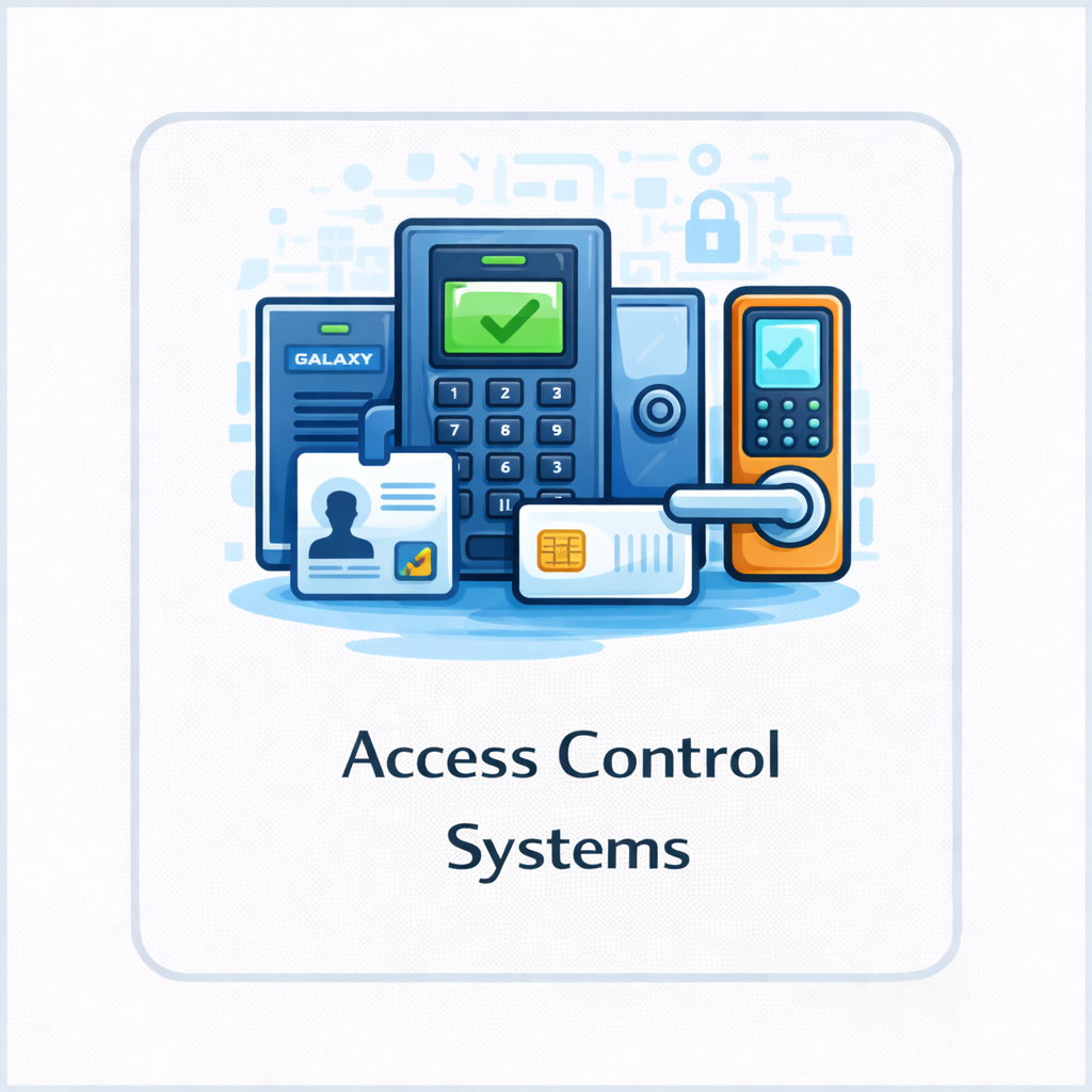 Access control systems icon with keypad, card reader, ID badge, proximity card, and electronic door lock in a rounded square tile.
