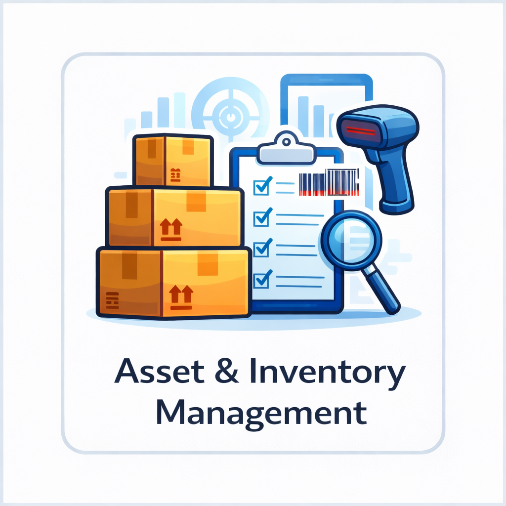 Asset inventory and management icon with boxes, barcode scanner, clipboard, and tablet inside a rounded square tile.