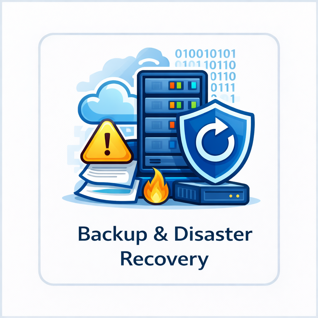 Backup and disaster recovery icon with server, shield, recovery arrow, cloud warning symbol, and storage drive in a square tile.