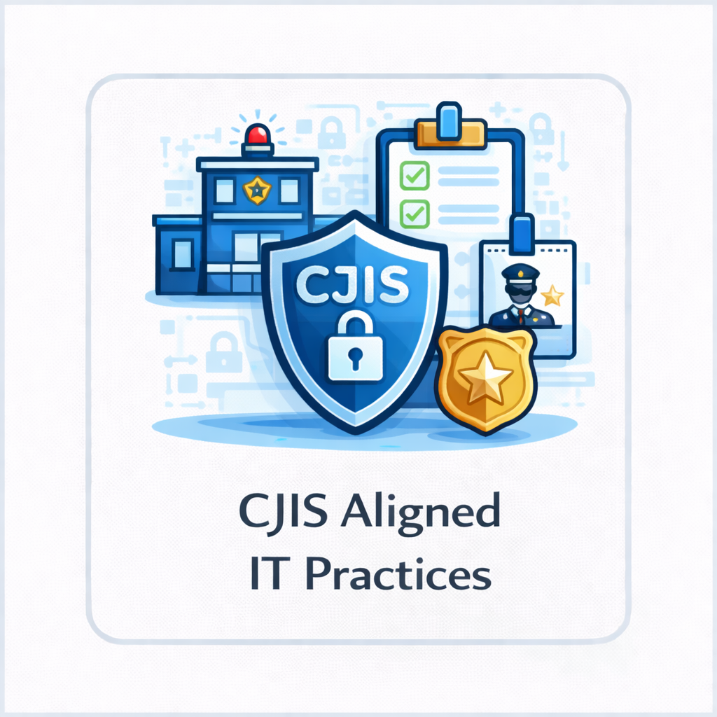 CJIS aligned IT practices icon with CJIS shield, police station, checklist clipboard, and ID badge in a rounded square tile.