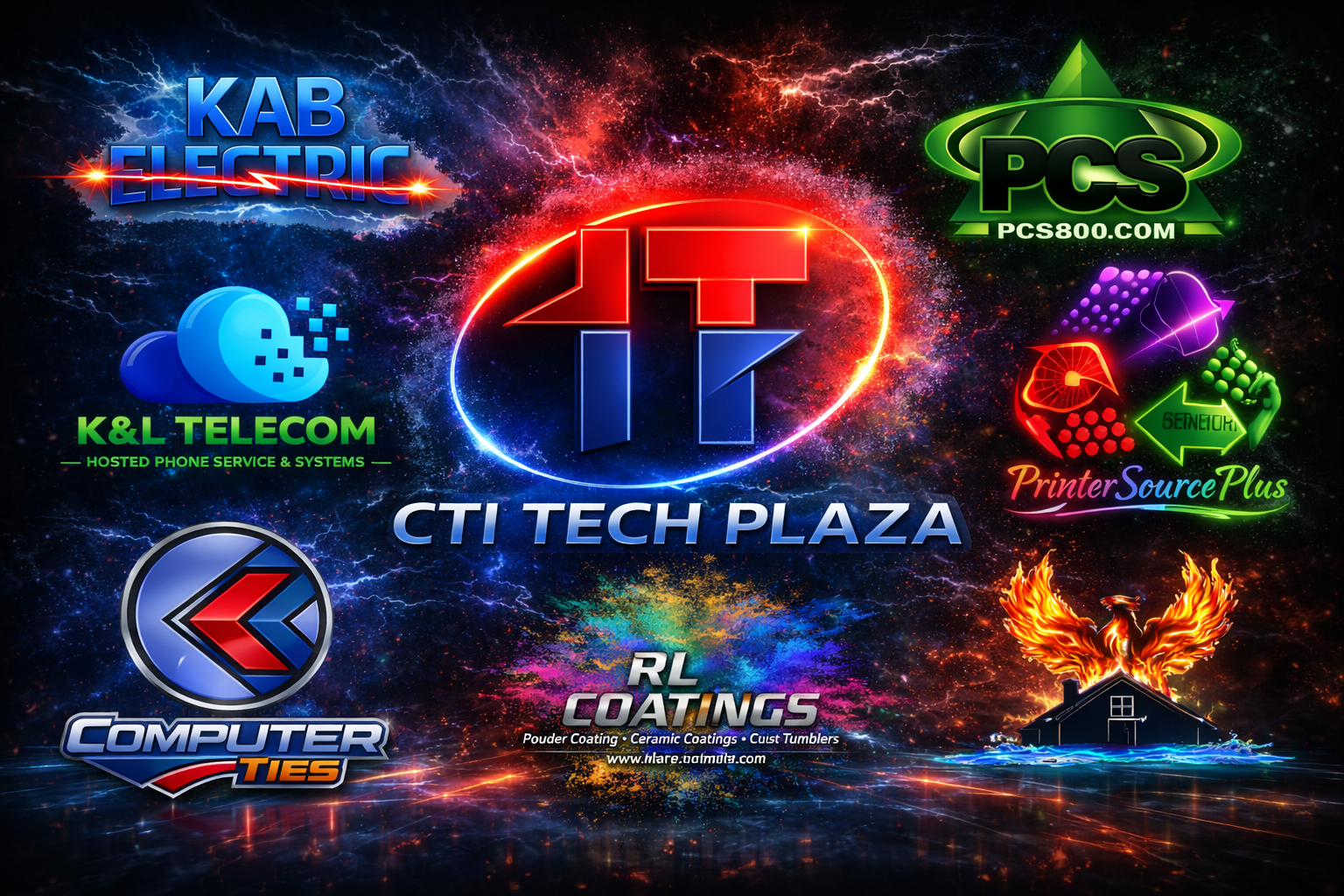 Promotional header graphic for CTI Tech Plaza featuring the CTI Tech Plaza logo centered on a vivid cosmic-style background, surrounded by partner logos for KAB Electric, PCS, K&L Telecom, Printer Source Plus, Computer Ties, RL Coatings, and Property Disaster Restoration.