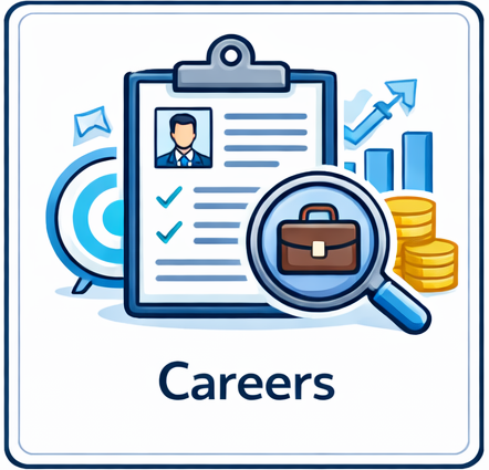 Illustrated clipboard with resume details, magnifying glass, target, chart, and coins, with the text “Careers.”
