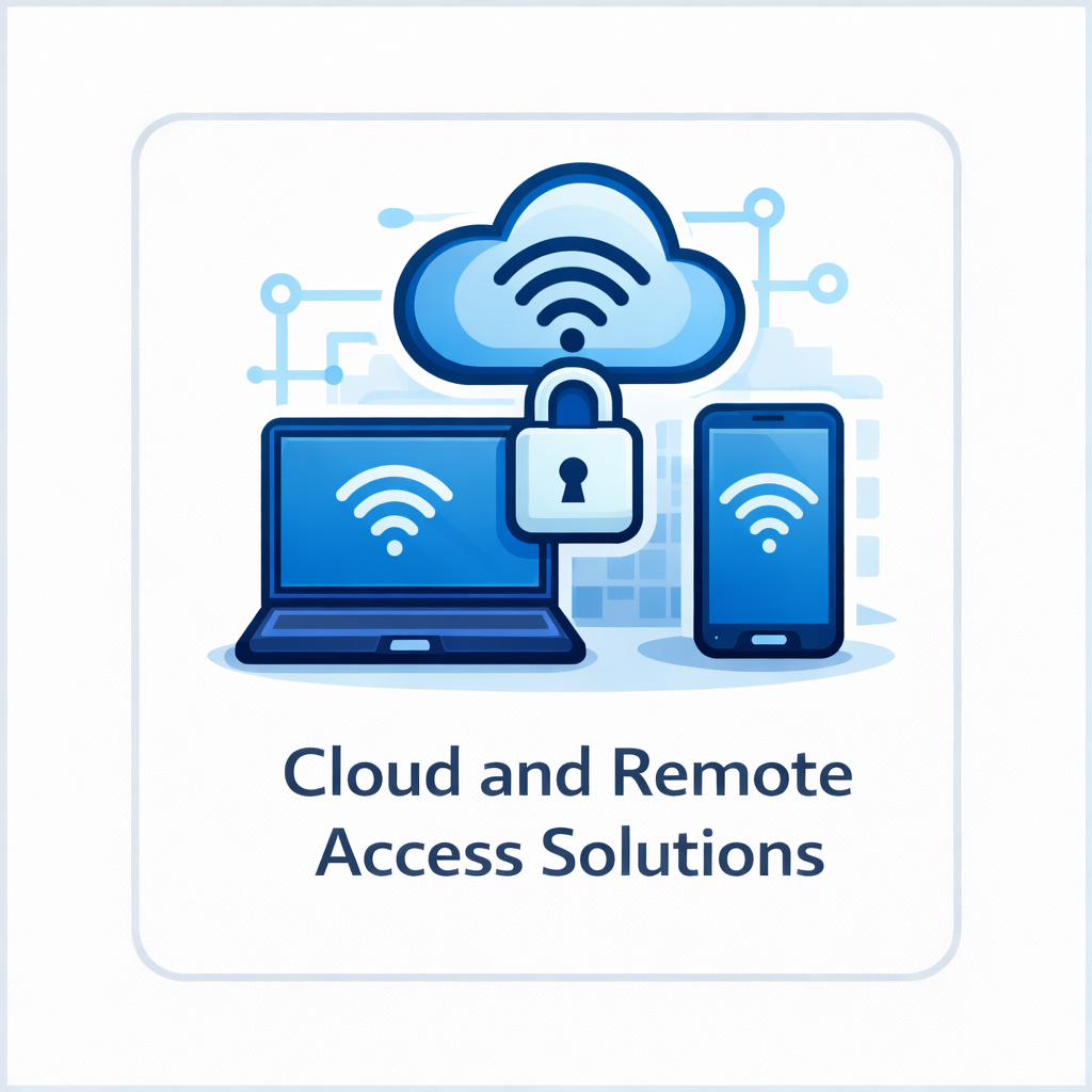 Cloud and remote access solutions icon with cloud, laptop, smartphone, lock, and network connections in a blue square tile.
