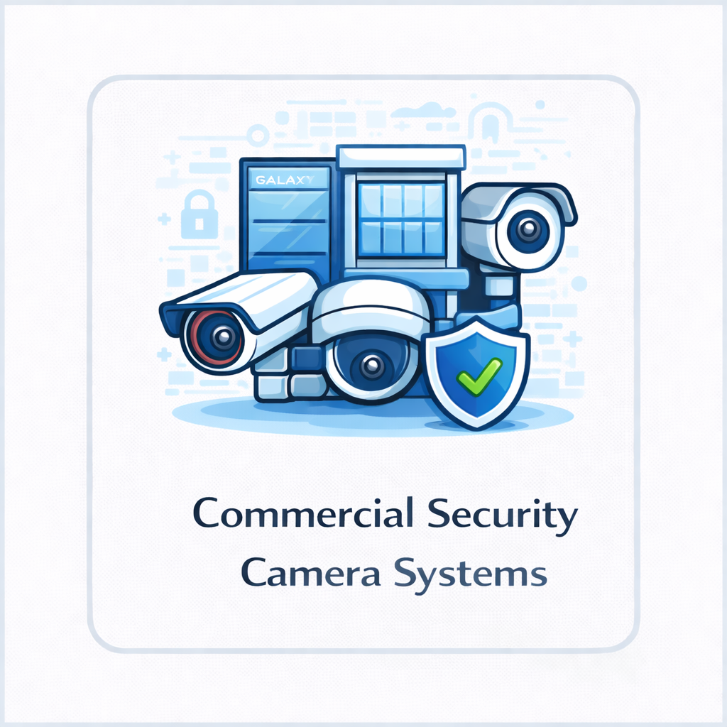 Commercial security camera systems icon with multiple surveillance cameras, commercial building, and shield in a square tile.