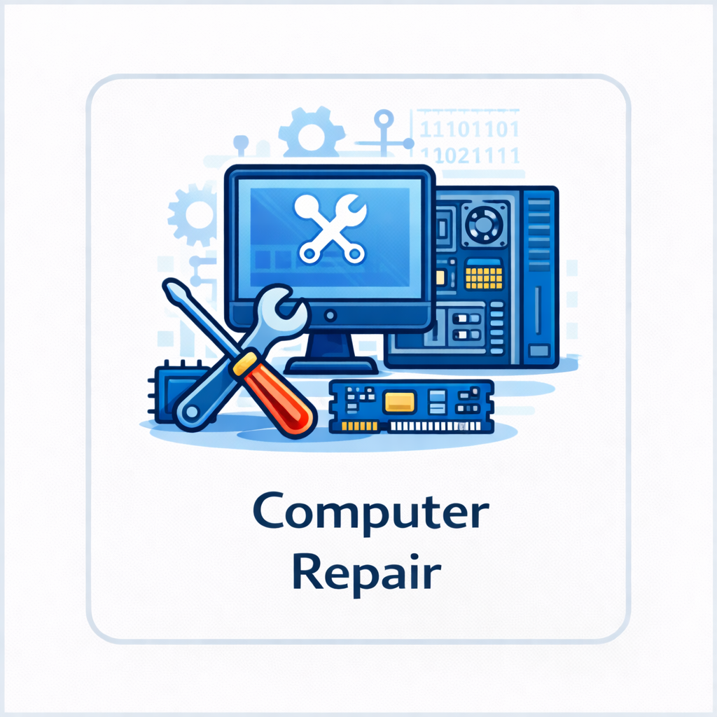 Computer repair icon with desktop computer, open tower, tools, gears, and diagnostic elements inside a square tile.