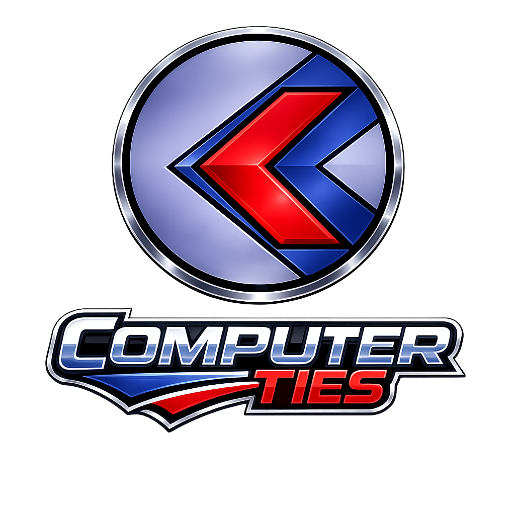 Computer Ties logo featuring a circular red, blue, white, and black emblem above bold stylized “Computer Ties” lettering with blue and red accents on a dark gradient background.