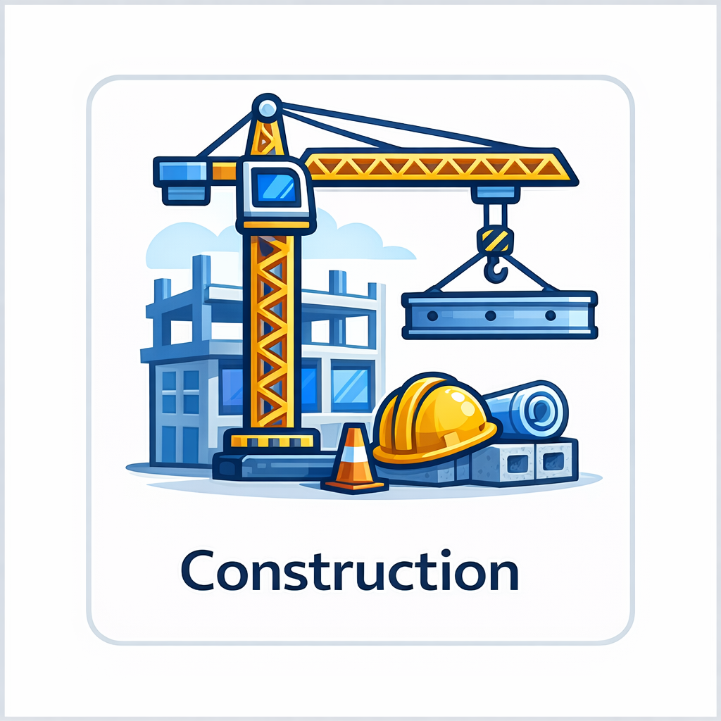 Construction industry icon showing a building under construction with crane, hard hat, and blueprint in a blue framed square tile.