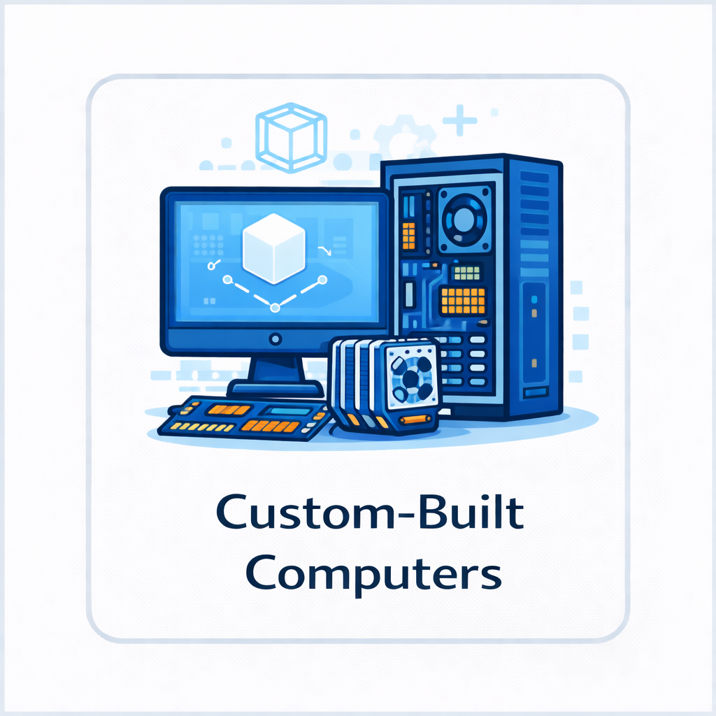 Custom built computers icon with desktop tower, visible internal components, large monitor, and performance graphics in a rounded square tile.