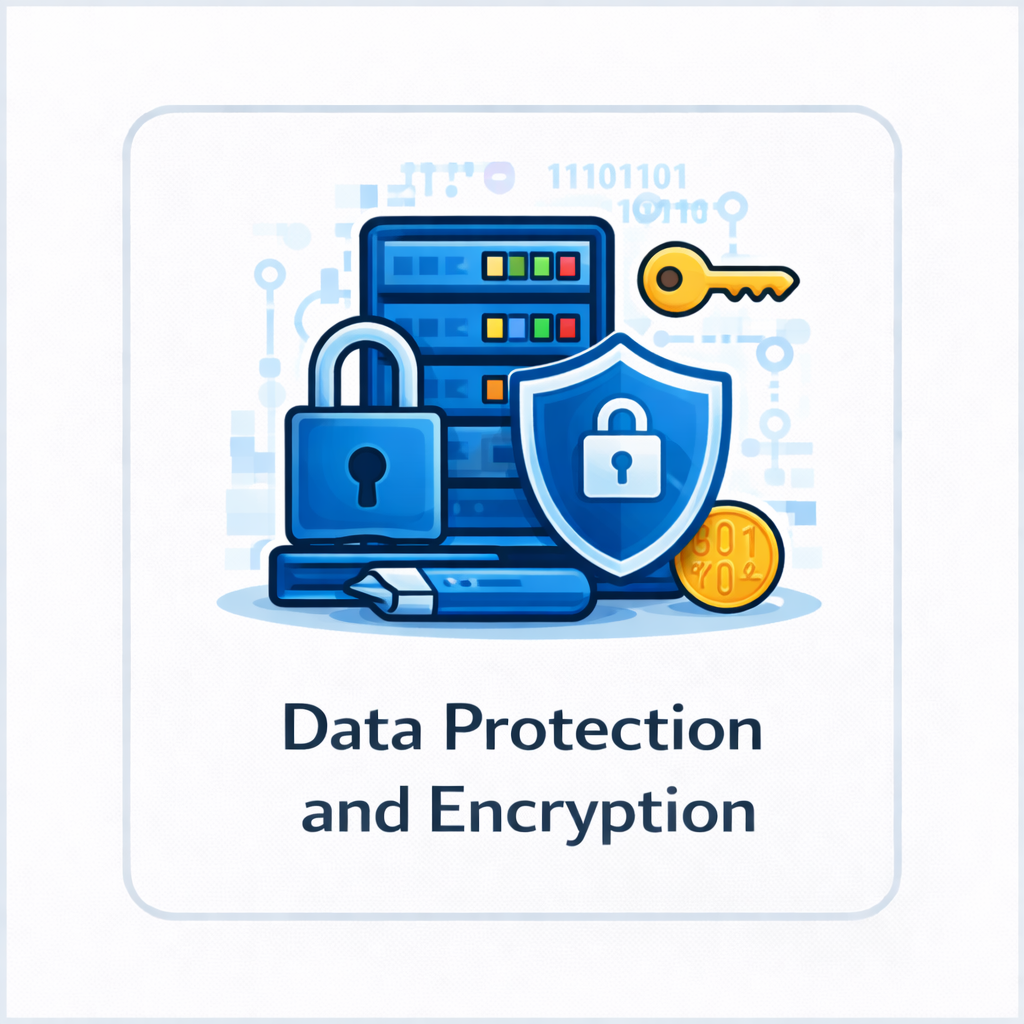 Data protection and encryption icon with servers, padlock, shield, key, and digital security elements in a blue square tile.