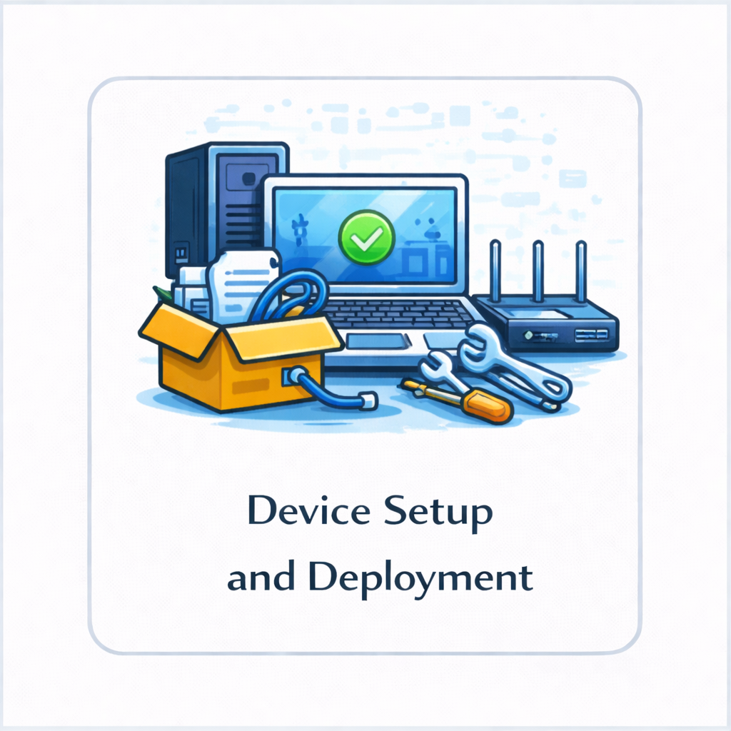 Device setup and deployment icon with laptop, desktop tower, router, Ethernet cable, checklist, and tools in a rounded square tile.