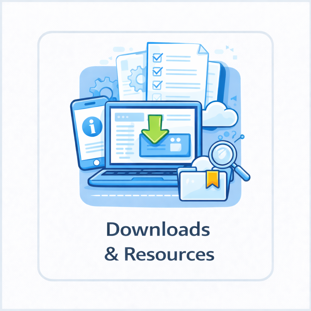 Downloads and resources icon showing a laptop with download arrow, mobile device, documents, cloud, magnifying glass, and folder in a blue service tile.