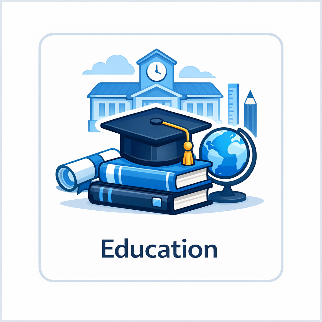 Education industry icon with books, graduation cap, diploma, globe, and school building in a rounded square tile.