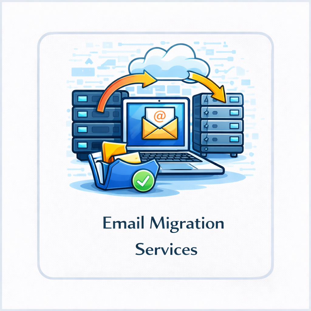 Email migration services icon with laptop, server racks, cloud transfer arrow, and approved folder in a square tile.