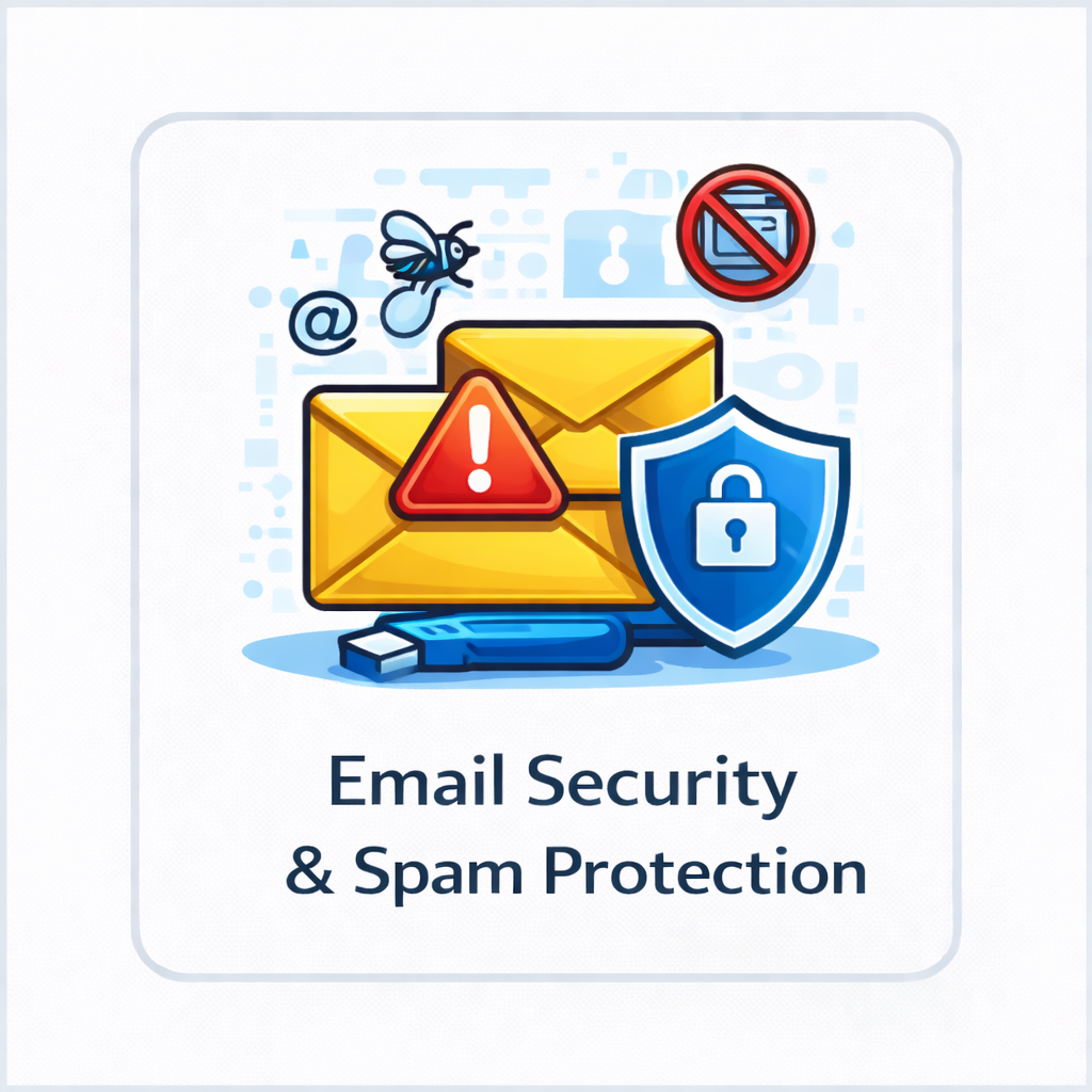 Email security and spam protection icon with envelope, warning badge, shield, padlock, and anti-spam symbols in a square tile.