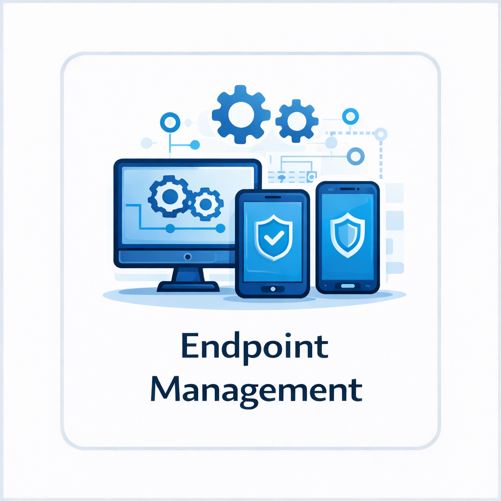 Endpoint management icon with desktop, tablet, smartphone, gear symbols, and connected network nodes in a framed square tile.