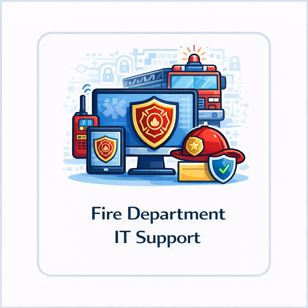 Fire department IT support icon with monitor, shielded fire emblem, radio, helmet, fire truck, and tablet in a square tile.