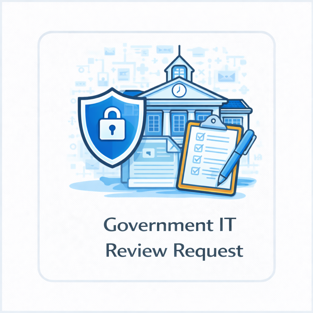 Government IT review request icon showing government building, shield, checklist, and structured review elements in a blue square service tile.