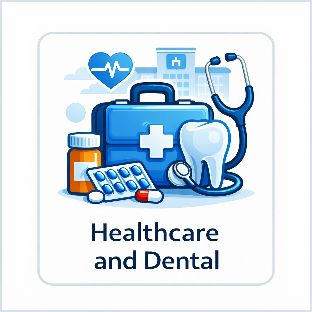Healthcare and dental icon with medical case, tooth, hospital, stethoscope, and medication elements in a blue framed tile.