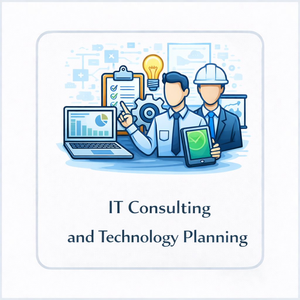 IT consulting and technology planning icon with two professionals, laptop, tablet, clipboard, and strategy presentation board in a rounded square tile.
