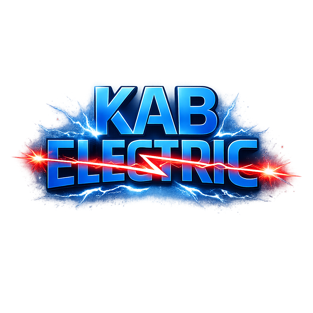 KAB Electric logo with bright blue metallic lettering, white-blue lightning bursts, and a red electric streak across the center on a black background.