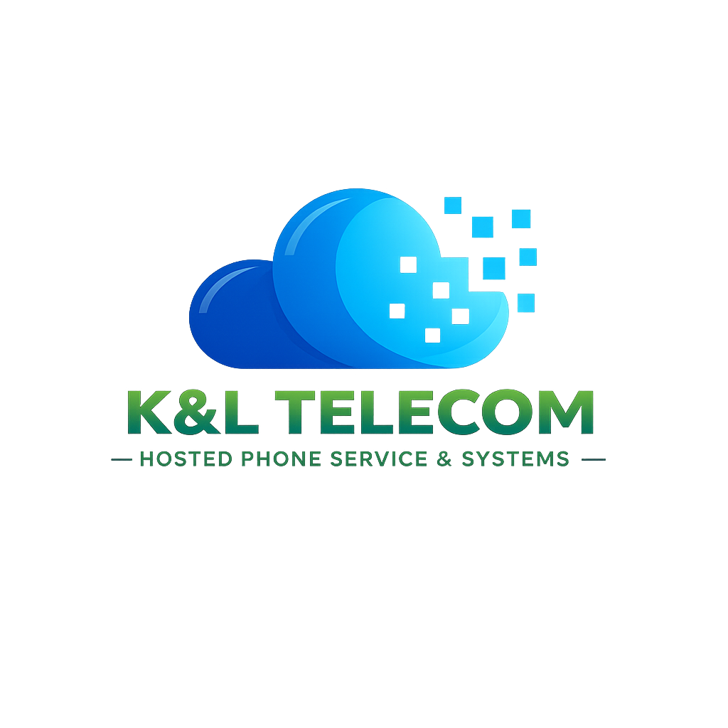 K&L Telecom logo featuring a layered blue cloud icon with pixel squares, green company lettering, and the tagline Hosted Phone Service & Systems on a black background.