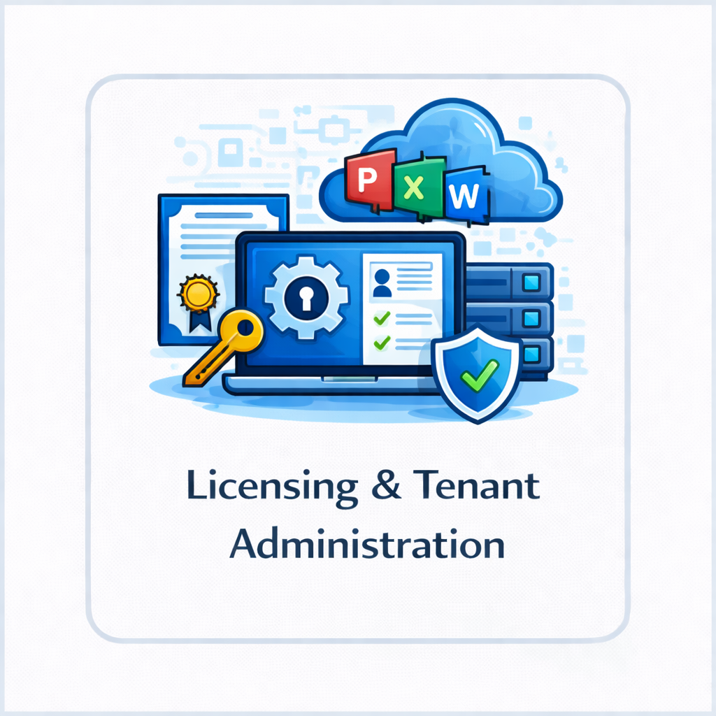 Licensing and tenant administration icon with laptop, certificate, cloud, keyhole, and administration symbols in a rounded square tile.