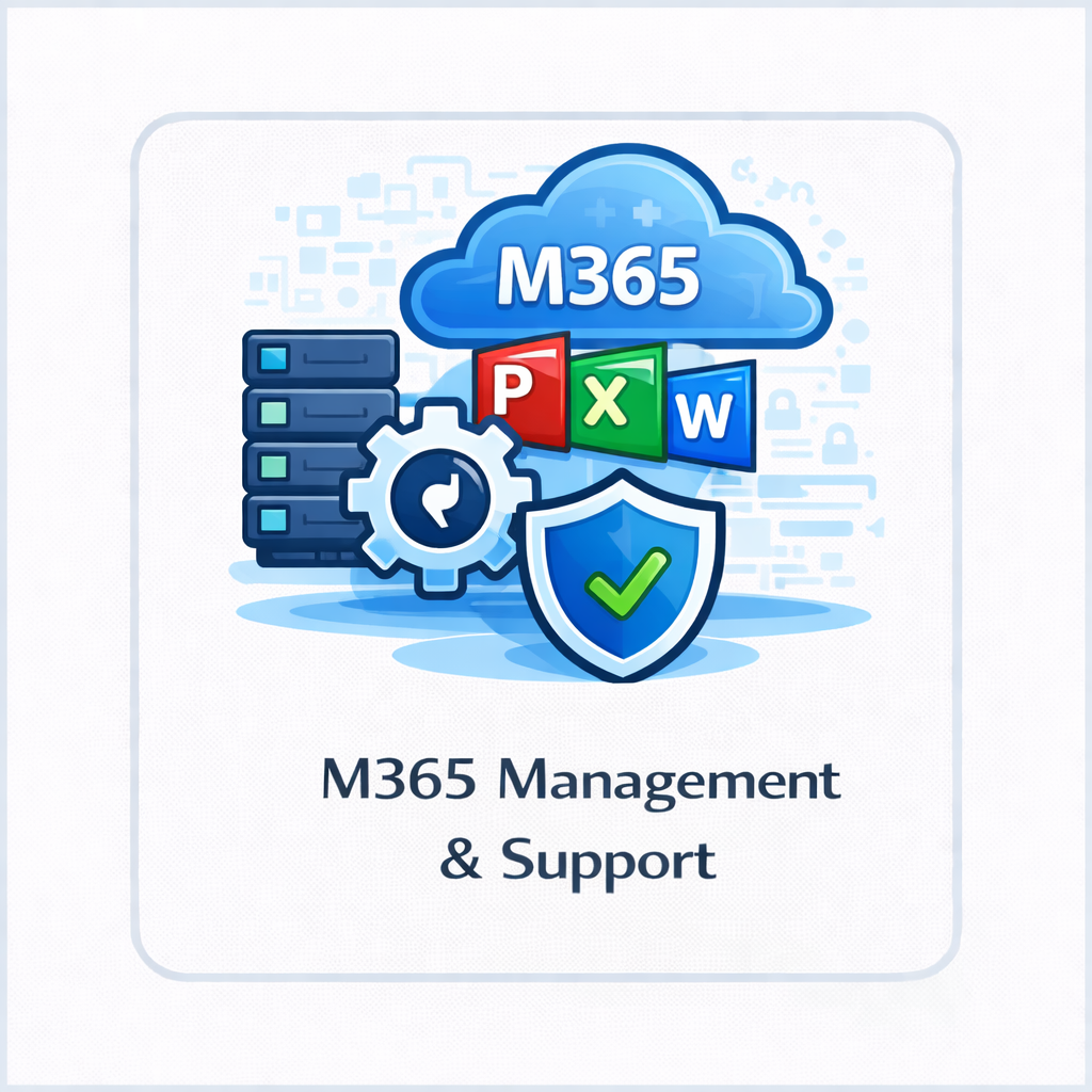 M365 management and support icon with cloud labeled M365, Microsoft app symbols, server rack, gear, and shield in a square tile.