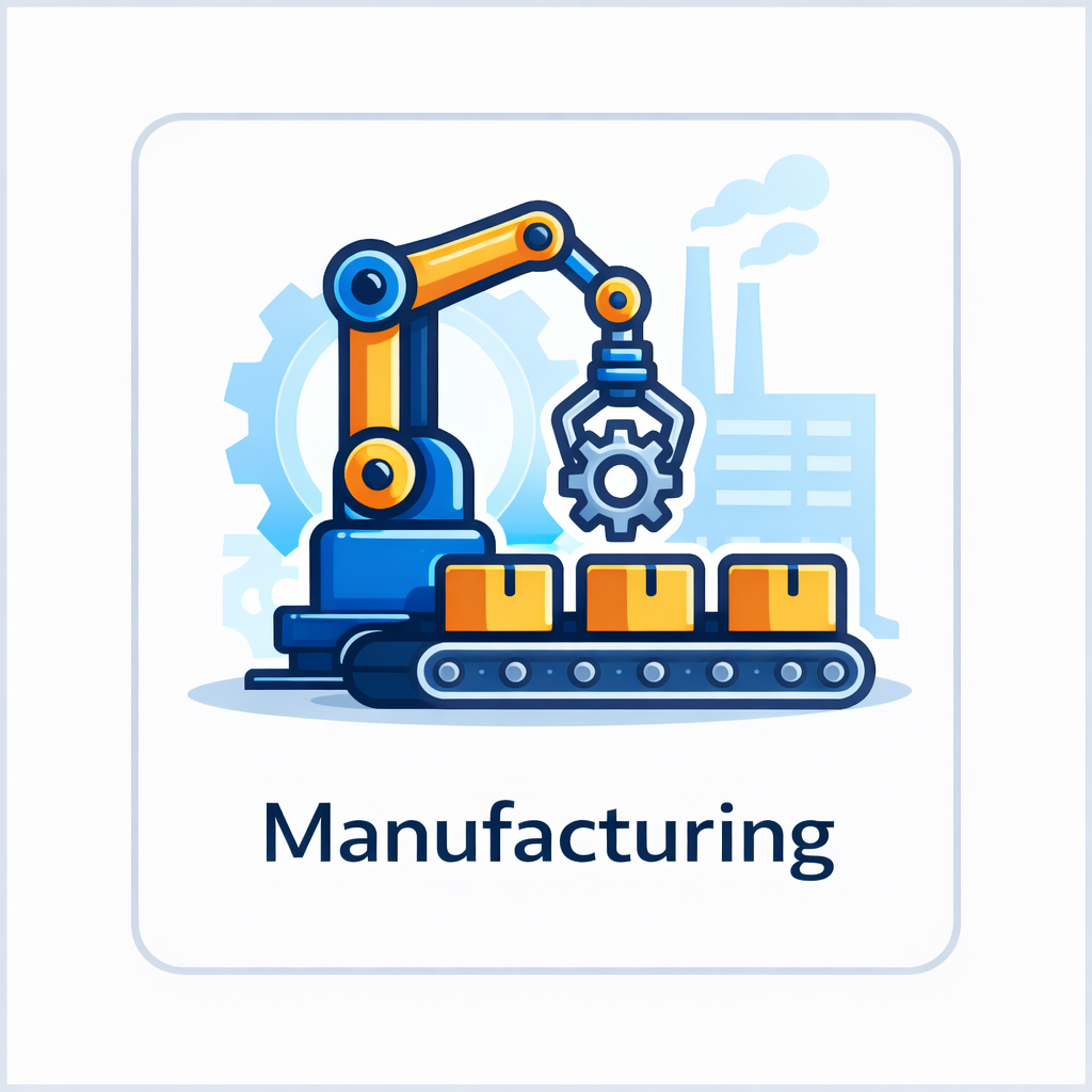 Manufacturing icon with robotic arm, conveyor belt, boxes, gear, and factory building in a rounded square tile.