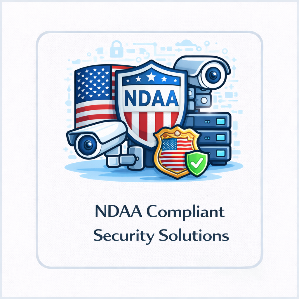 NDAA compliant security solutions icon with NDAA shield, cameras, check badge, U.S. flag, and secure infrastructure elements in a square tile.