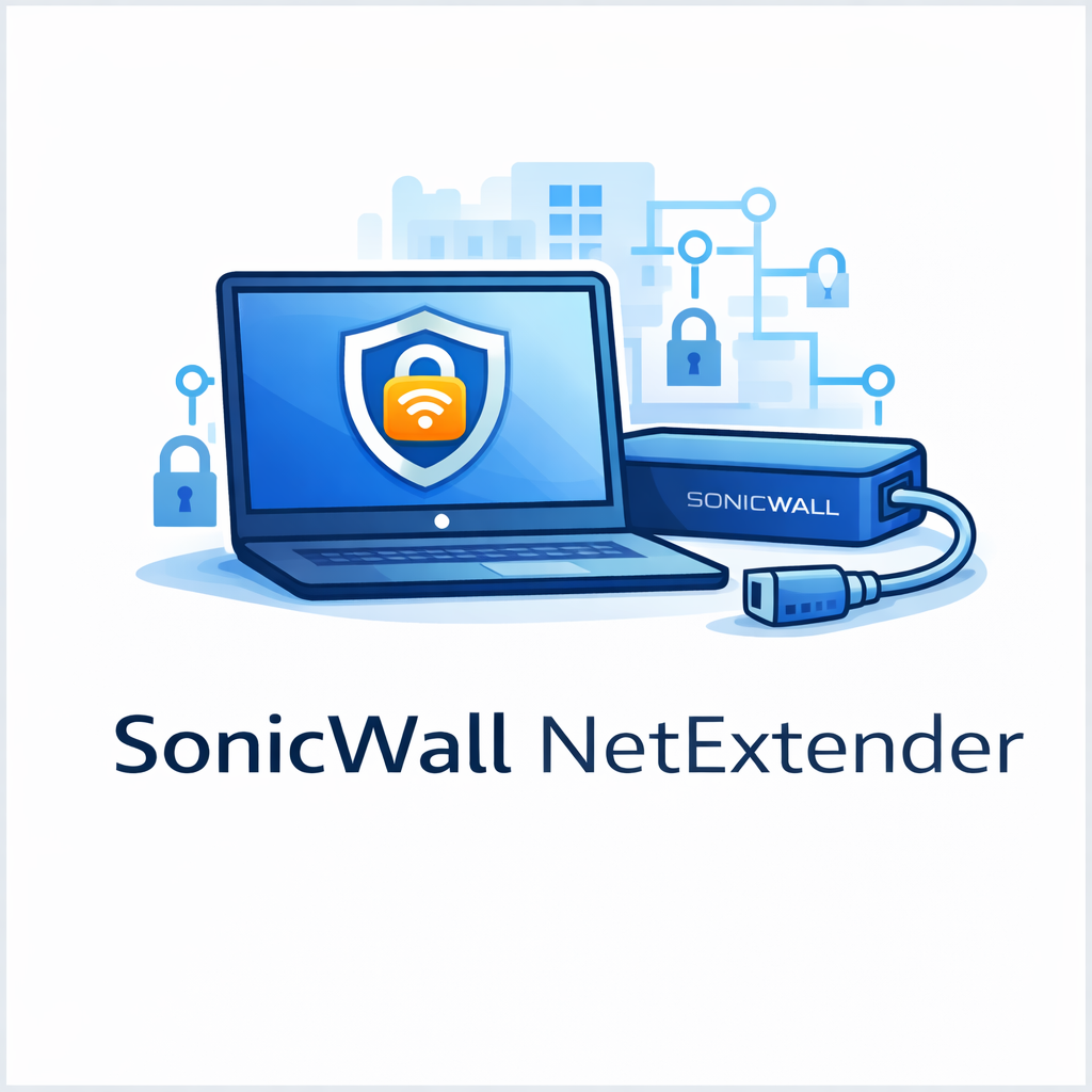 SonicWall NetExtender icon showing a laptop, SonicWall device, secure wireless shield, and cable connection for VPN access.