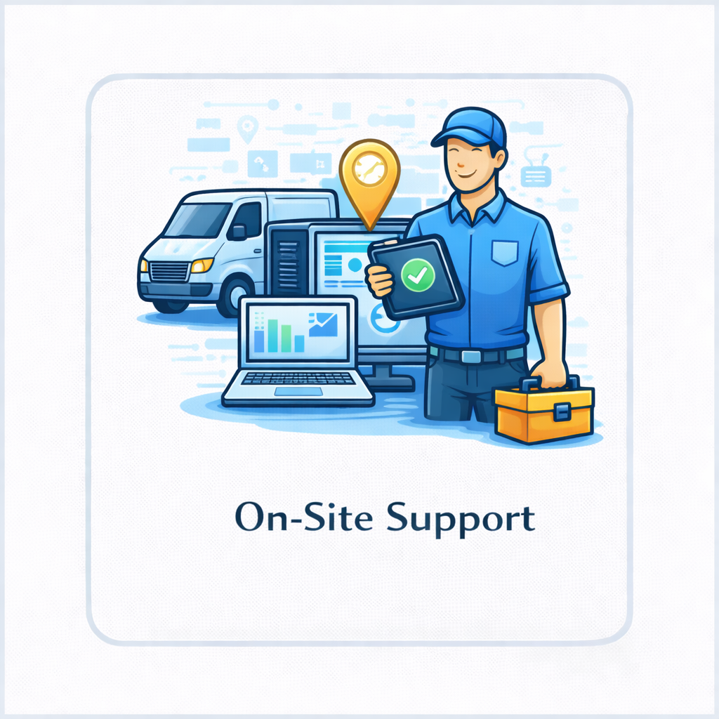 On-site support icon with field technician, service van, tablet, toolbox, and location marker in a square tile.