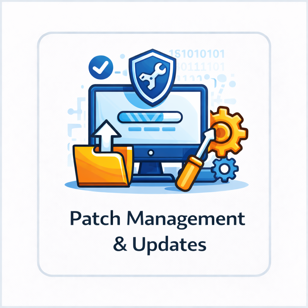 Patch management and updates icon with computer monitor, progress bar, shield, wrench, gear, and update folder in a square tile.