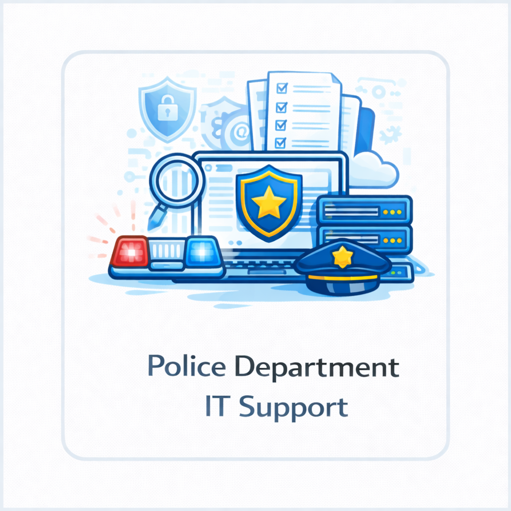 Police department IT support icon showing laptop with shield badge, police hat, servers, emergency light bar, and investigative magnifier in a blue square tile.
