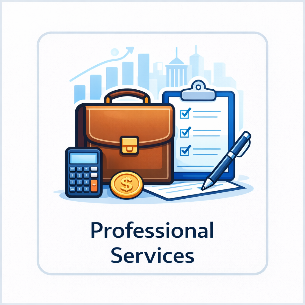 Professional services icon with briefcase, clipboard, chart, calculator, and office skyline in a square framed tile.