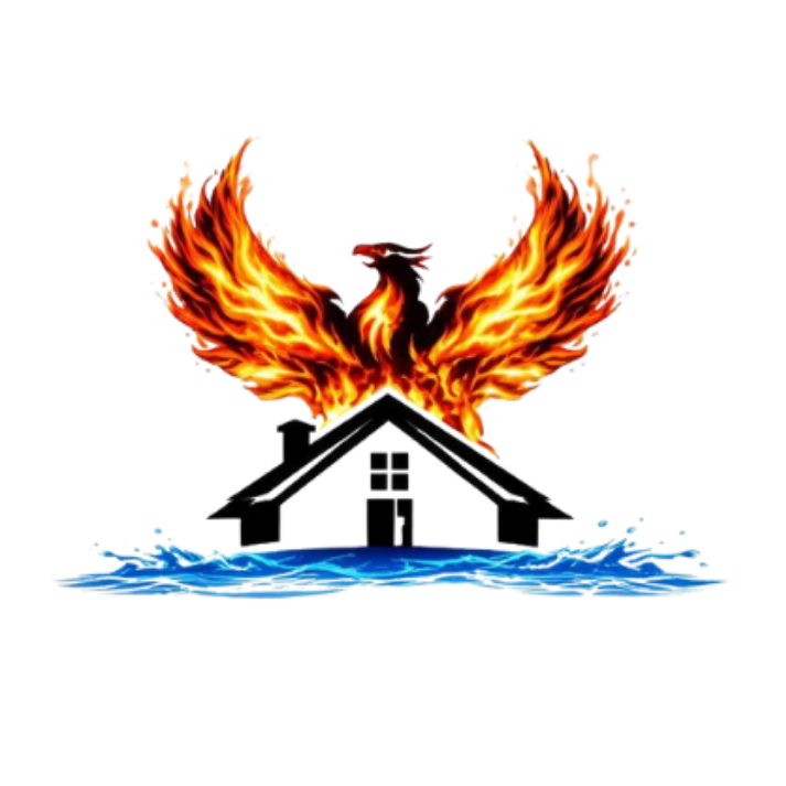 Property Disaster Restoration logo showing a black house with blue water below and a fiery phoenix rising above.