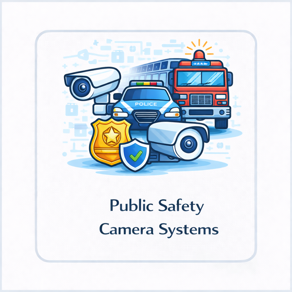 Public safety camera systems icon with surveillance cameras, police car, fire truck, badge, and shield in a rounded square tile.