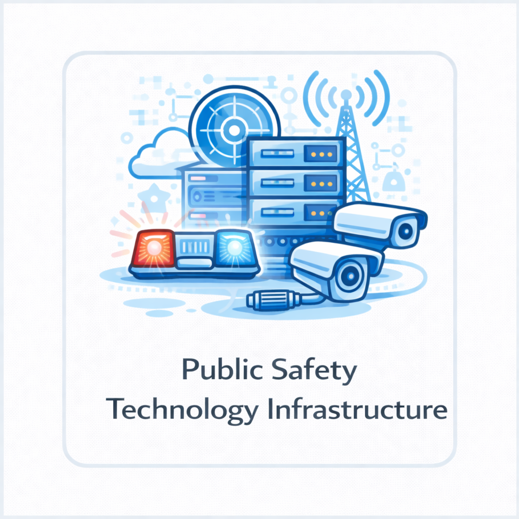 Public safety technology infrastructure icon showing server rack, communications tower, radar screen, emergency lights, and surveillance cameras in a blue square tile.