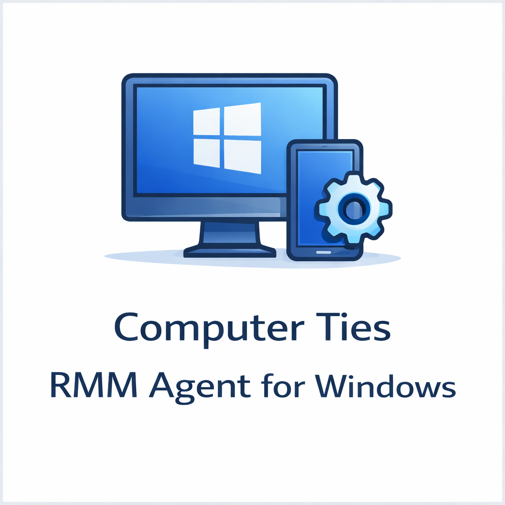 Computer Ties RMM Agent for Windows icon showing a desktop monitor with Windows logo, mobile device, and settings gear in a blue service tile.