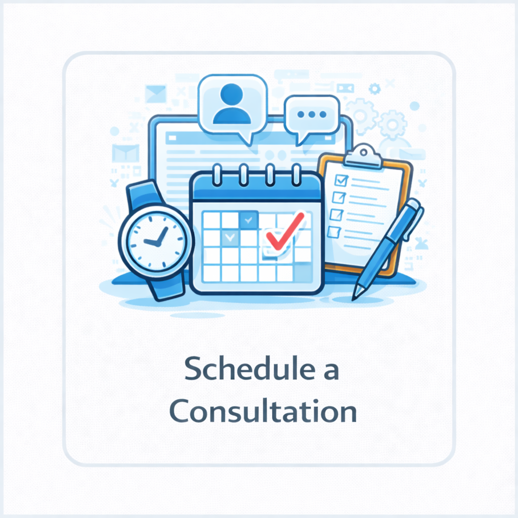 Schedule a consultation icon showing calendar, clock, checklist, pen, and conversation symbols in a blue service tile.