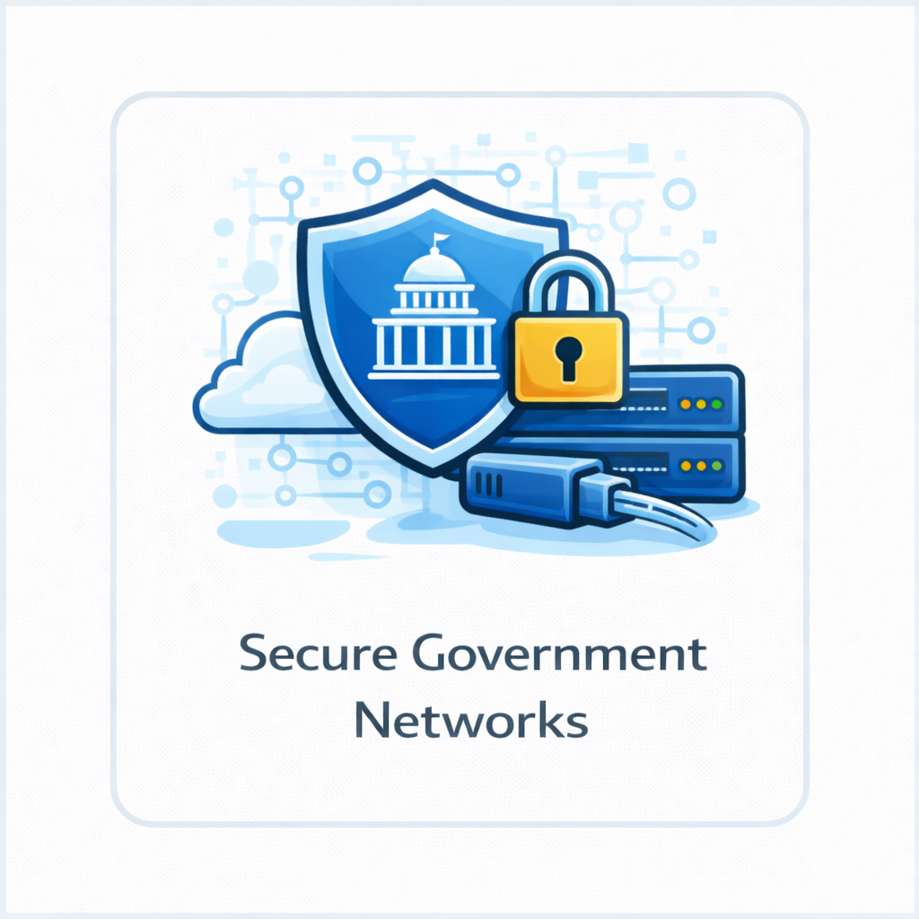 Secure government networks icon showing a government building inside a shield with padlock, cloud, servers, and network cable in a blue square tile.