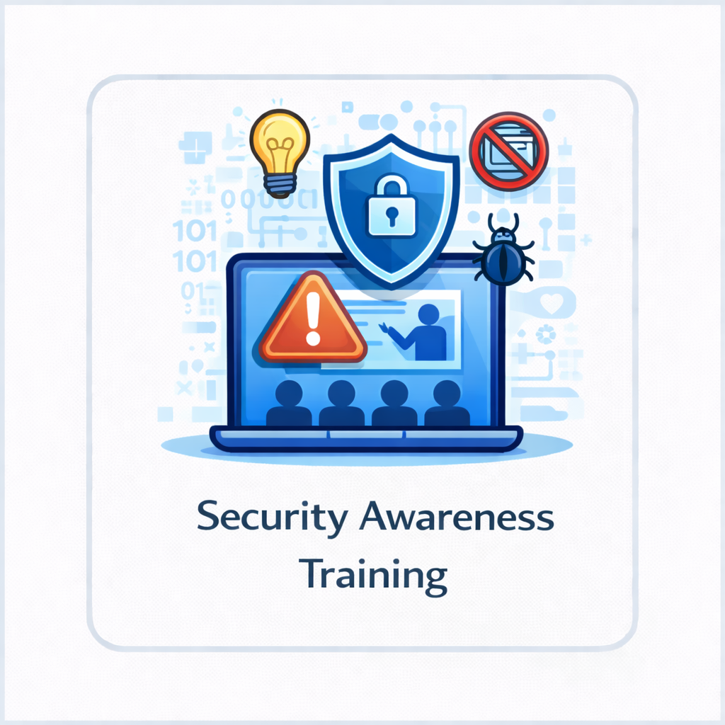 Security awareness training icon with laptop, warning symbol, instructor, shield, lightbulb, and cybersecurity teaching elements in a square tile.