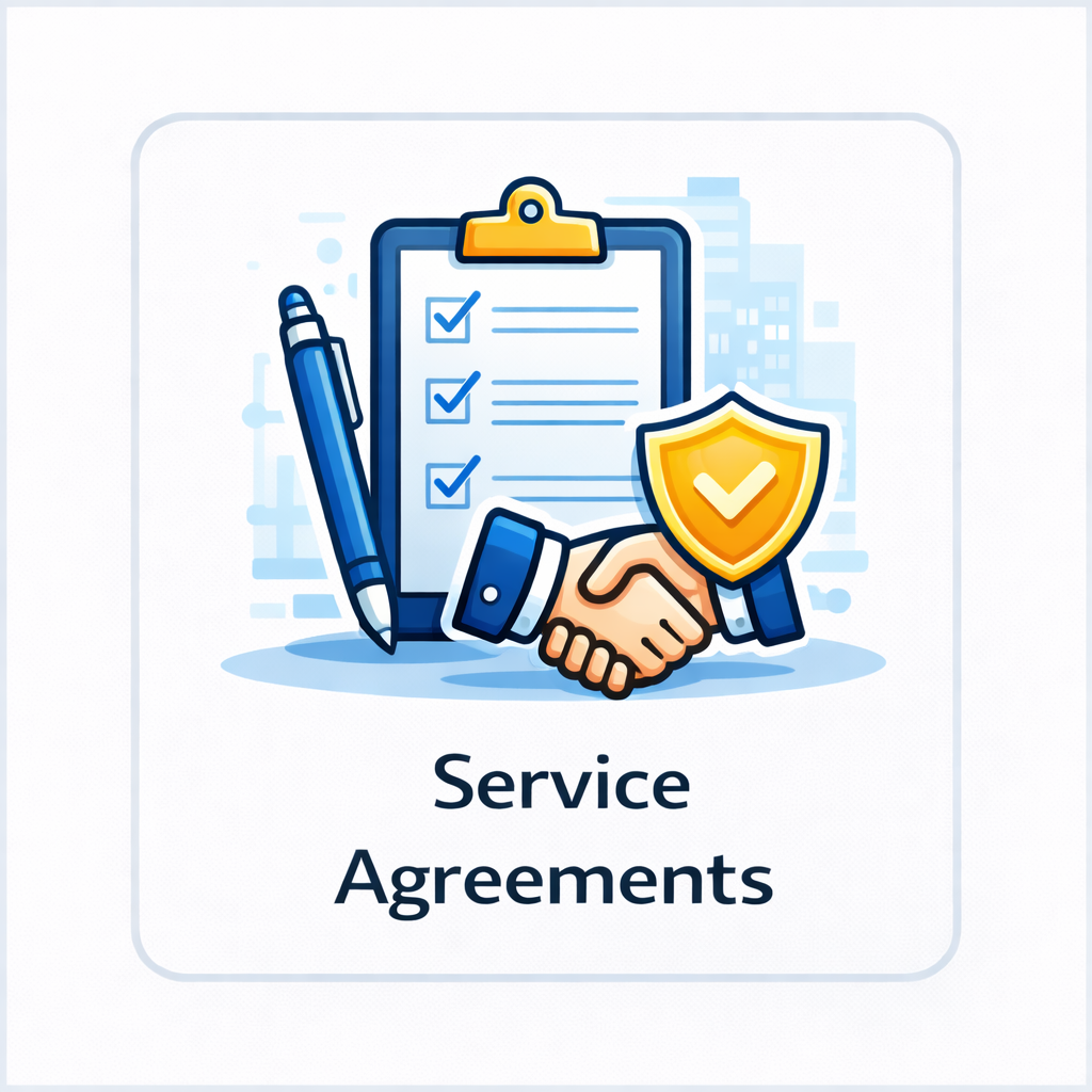 Service agreements icon with clipboard, checklist, handshake, shield, and approval symbols in a rounded square tile.