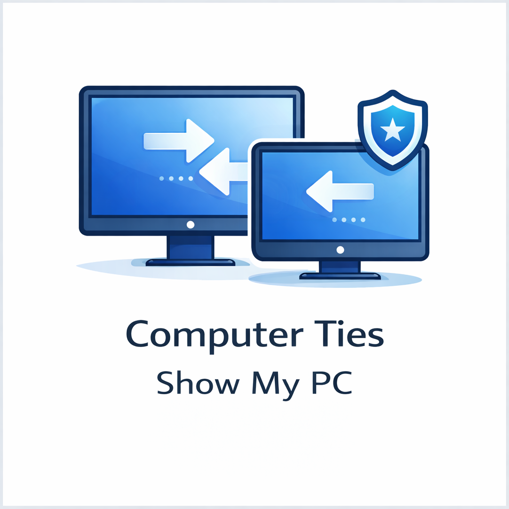 Computer Ties Show My PC icon with two computer monitors, directional arrows, and shield symbol representing remote support access.