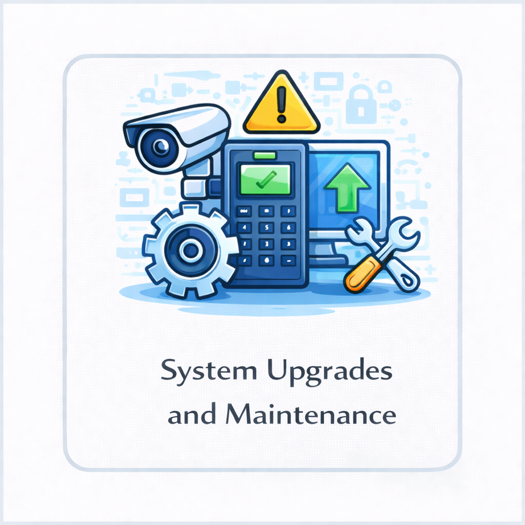 System upgrades and maintenance icon for security systems with camera, access keypad, warning sign, tools, and gear in a square tile.